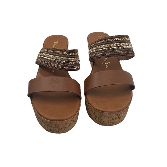 Toscanella Brown Gold Double Banded Platform Wedge Sandals Size 9 Women's - Picture 3 of 7